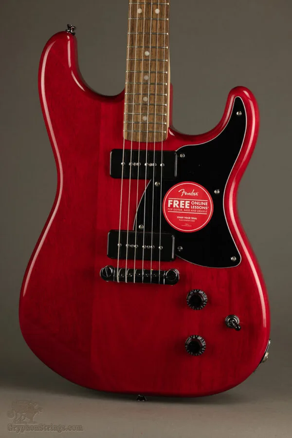 Squier Paranormal Strat-O-Sonic, Laurel Fingerboard, Black Pickguard, Crimson Red Transparent – New